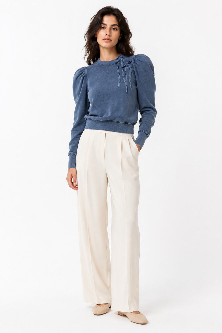Ulla Johnson Harper pullover dramatic puff shoulders bows blue cotton size S
